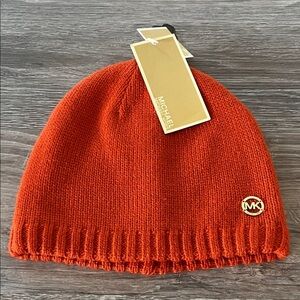 Michael Kors Vibrant Orange Knit Hat with Gold Logo Reversible New with tag